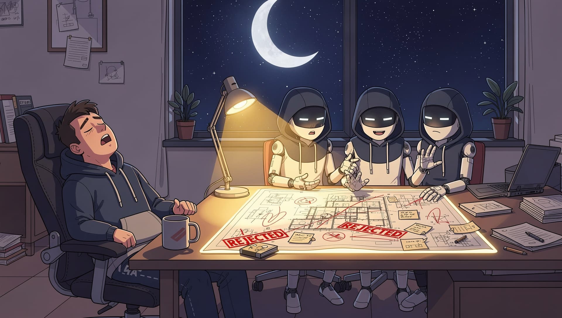 A founder asleep at his desk while three hooded robot critics argue over a blueprint at night